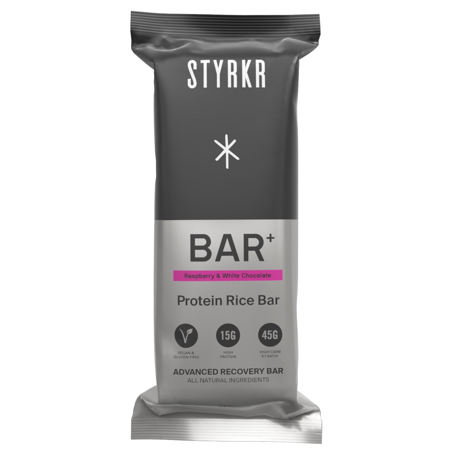 Barre STYRKR BAR+ – Framboise & Chocolat Blanc – 74g – Vegan & Sans Gluten – 45g Glucides / 15g Protéines