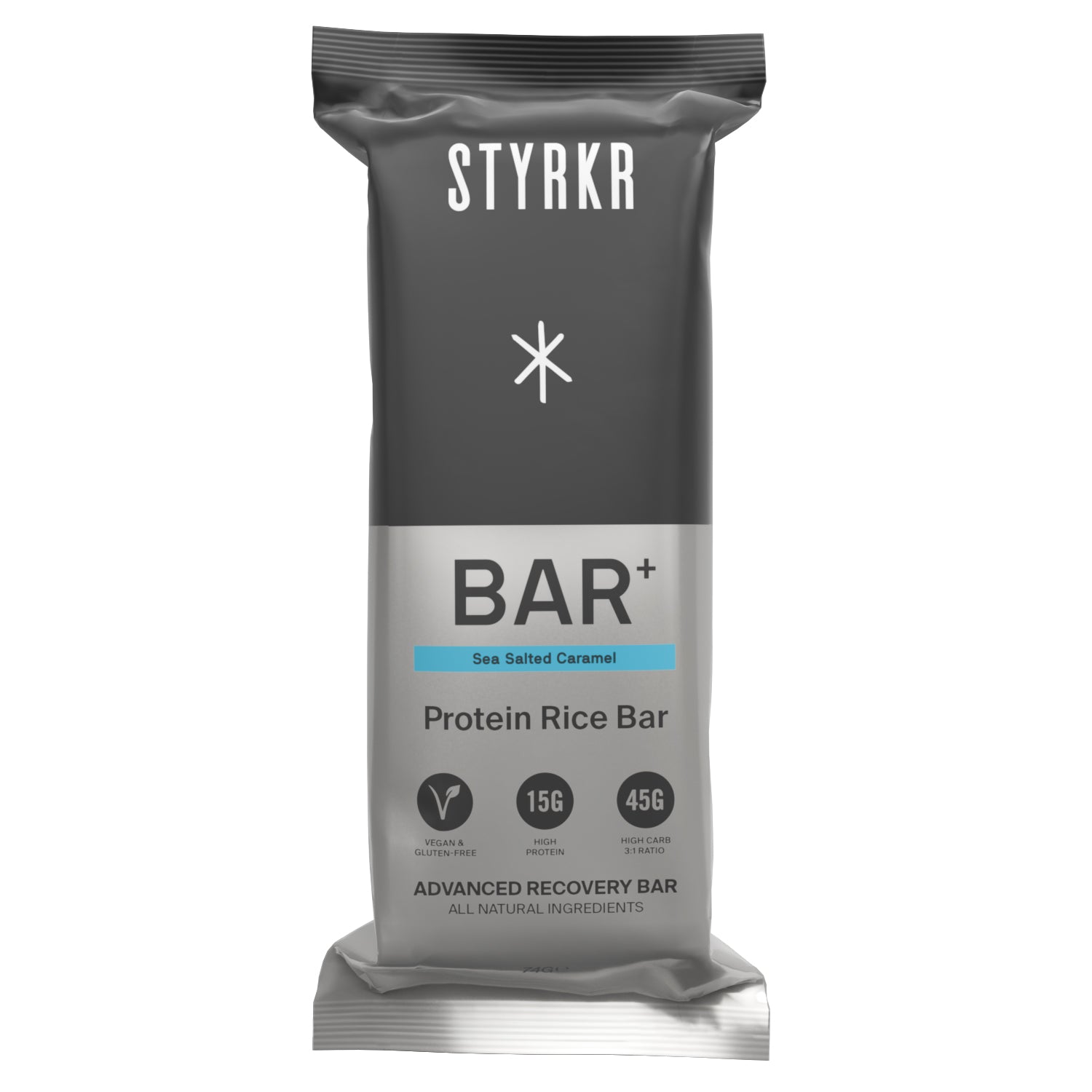 Barre STYRKR BAR+ – Caramel & Fleur de Sel – 74g – Récupération Vegan – 45g Glucides / 15g Protéines