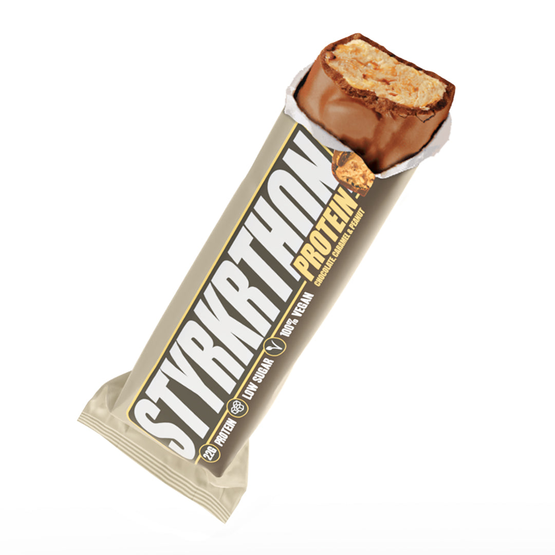 Barre Protéinée STYRKRTHON PRO20 – Caramel, Cacahuètes & Chocolat – 65g – Vegan & Sans Gluten