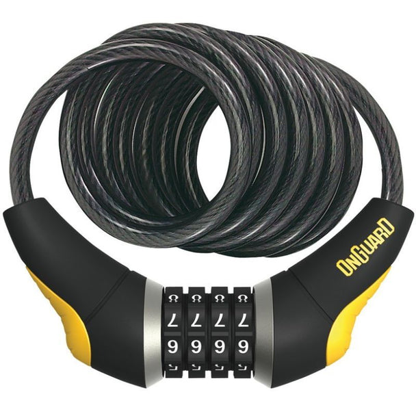 Antivol spirale ONGUARD Doberman Combo – 185 cm x 10 mm – Code à 4 chiffres – Support inclus - Peloton GP