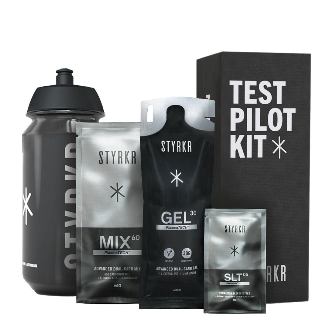Pack Test STYRKR – Test Pilot – Bidon + Mix60 + Gel30 + SLT05 - Peloton GP
